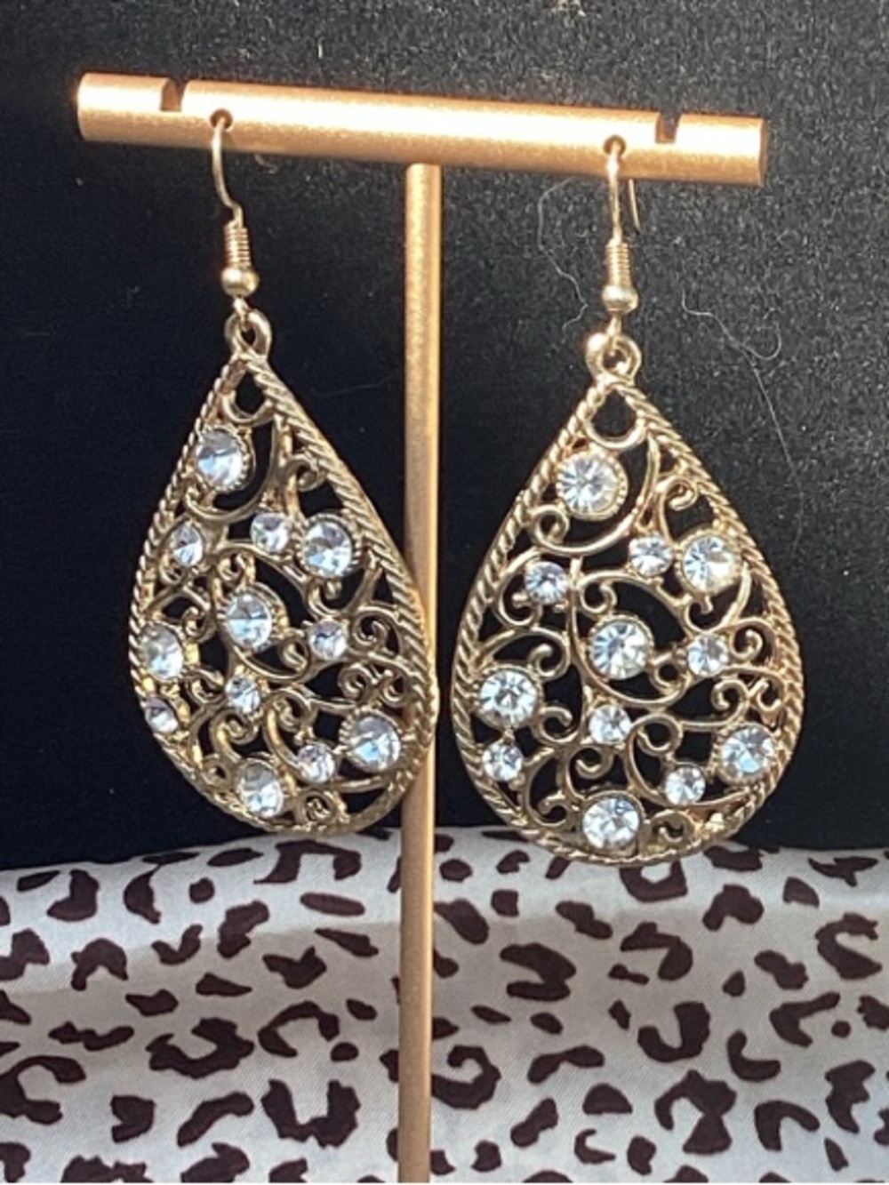 paparazzi Gold Teardrop Filigree Earrings with Clear Stones
